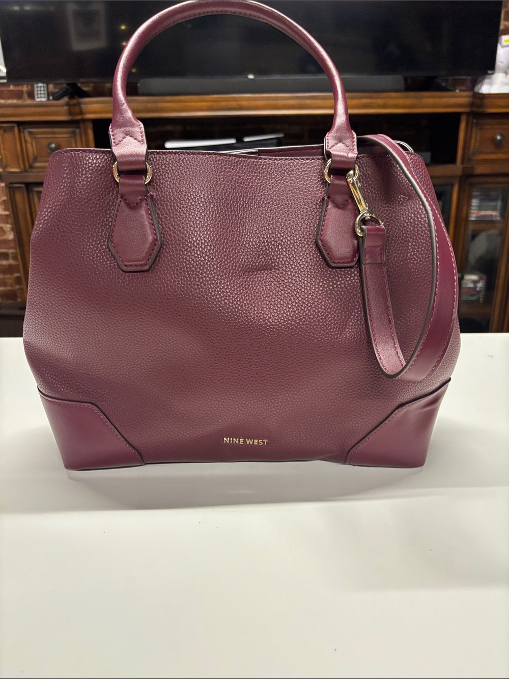 Nine West Pebbled Leather Tote in Burgundy